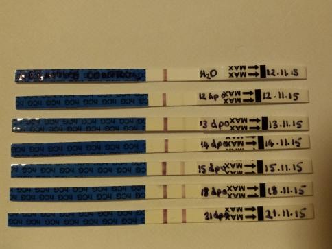 Pictures of my positive HPT tests from 12-21 dpo